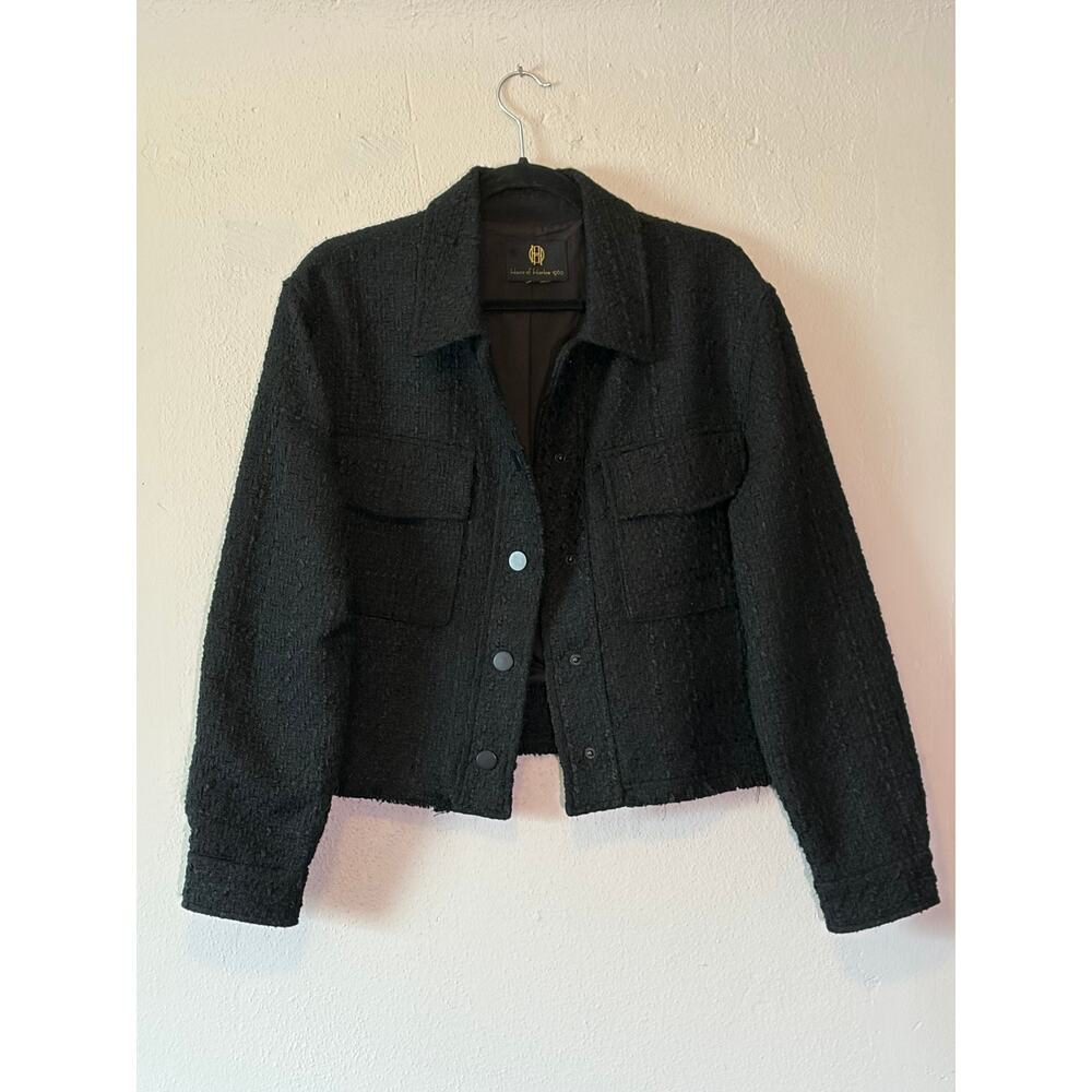 House of Harlow 1960 Black Tweed Cropped Jacket Wool Blend Medium Raw Hem - Picture 1 of 4